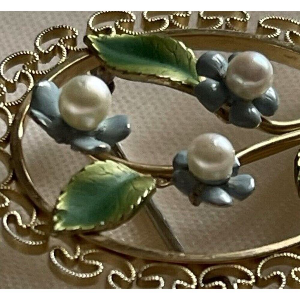 Vintage Krementz Gold Filled Forget Me Not Flower Filigree Brooch Pin Pearl Oval - Picture 7 of 11